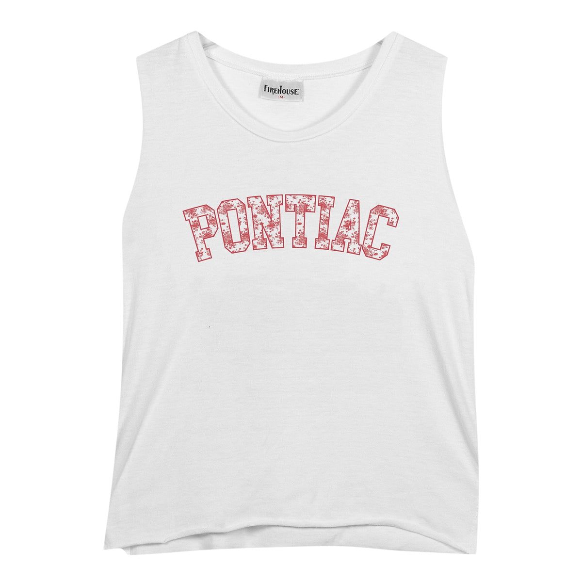 White sleeveless tank top with red distressed Pontiac text across the chest