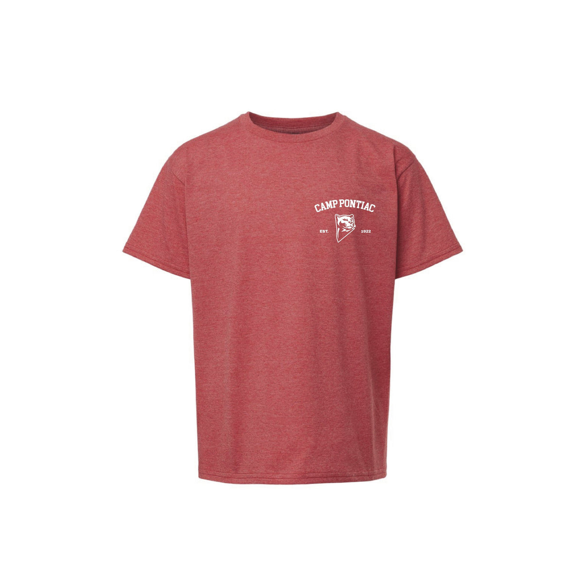 Red heathered crew neck t-shirt with Camp Pontiac logo on the left chest
