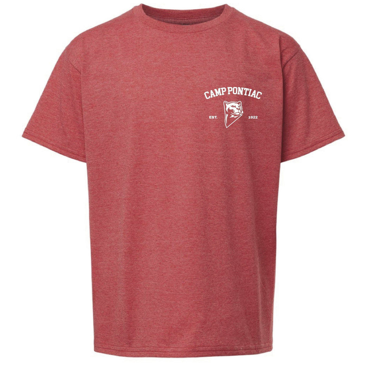 Red heathered crew neck t-shirt with Camp Pontiac logo on the left chest