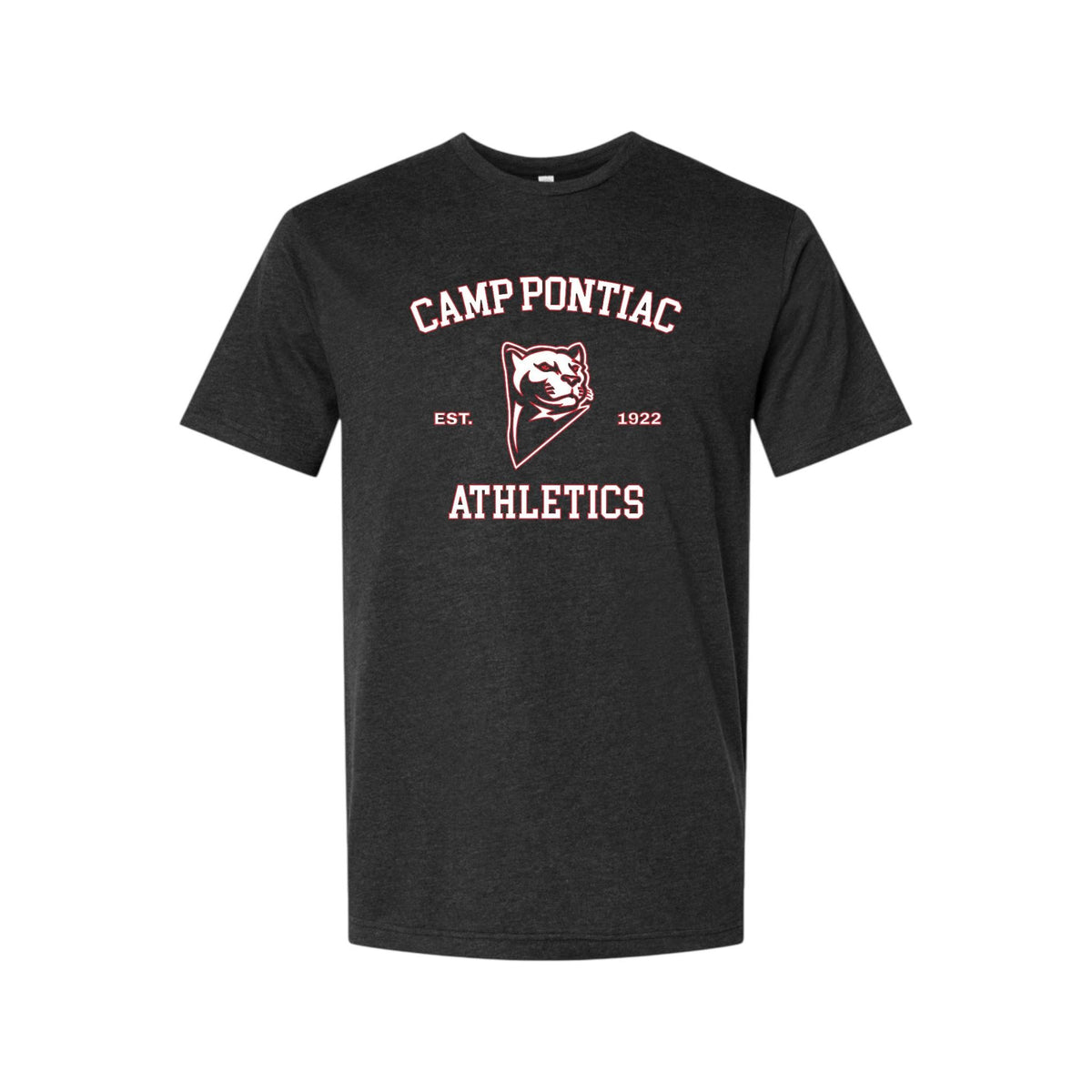 Charcoal grey t-shirt with Camp Pontiac Athletics logo and panther mascot graphic