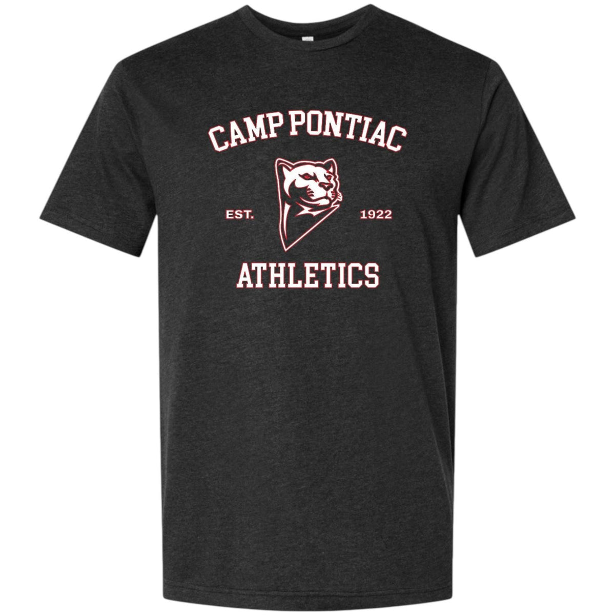 Charcoal grey t-shirt with Camp Pontiac Athletics logo and panther mascot graphic
