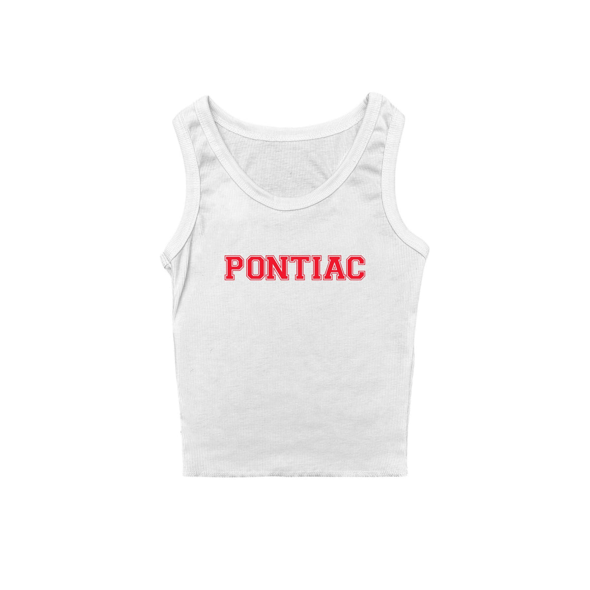 White ribbed tank top with red Pontiac text graphic