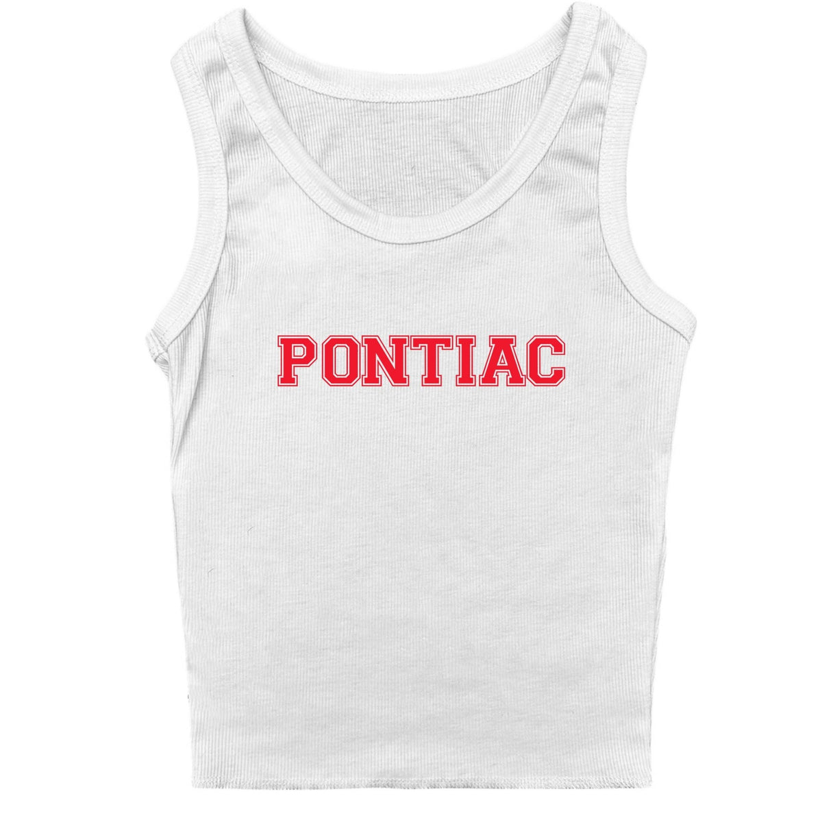 White ribbed tank top with red Pontiac text graphic