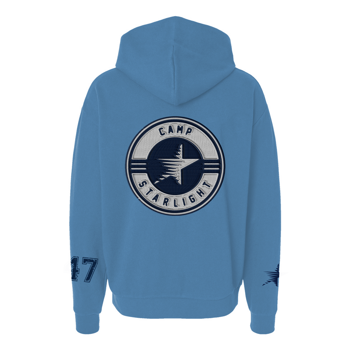 Back view of a blue hoodie with a circular Camp Starlight embroidered patch and number 17 on the sleeve