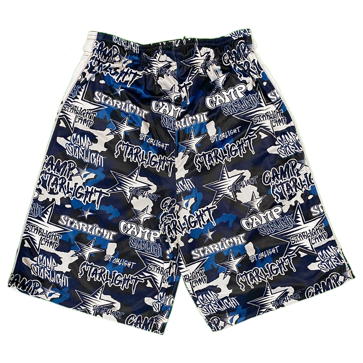 Blue and white camouflage athletic shorts with Camp Starlight logo and star graphics