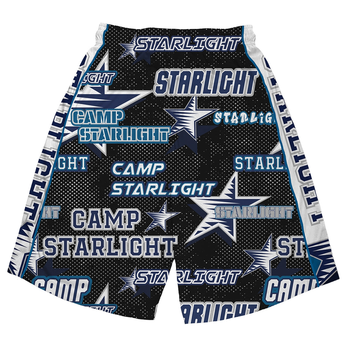 Black basketball shorts with white polka dots and repeating Camp Starlight text and star graphics