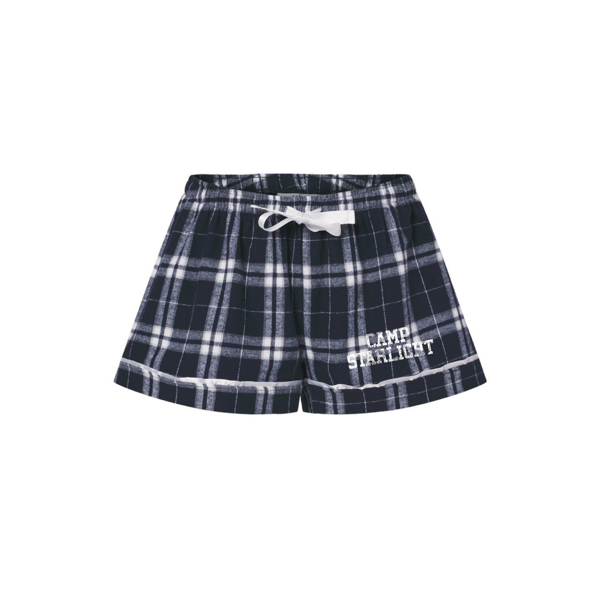 Navy and white plaid pajama shorts with white drawstring and Camp Starlight text