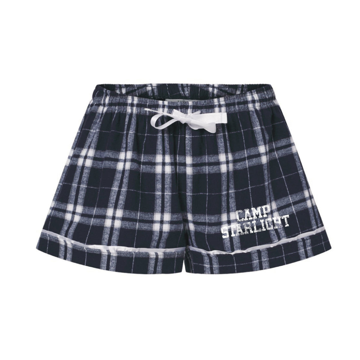 Navy and white plaid pajama shorts with white drawstring and Camp Starlight text