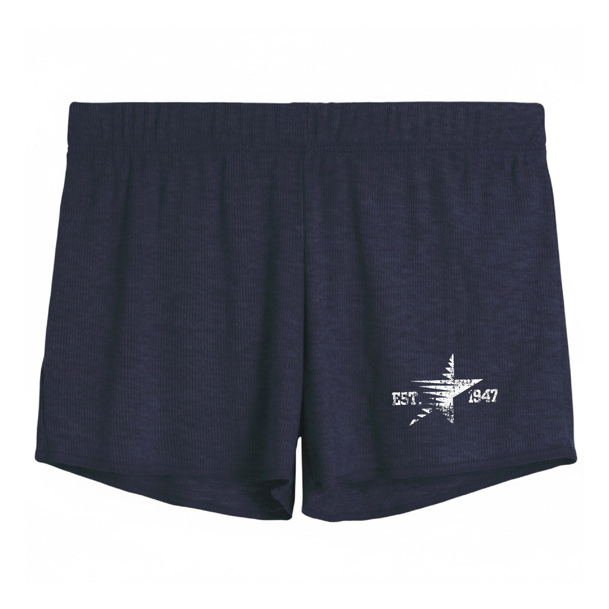 Navy blue athletic shorts with white star graphic and EST 1947 text