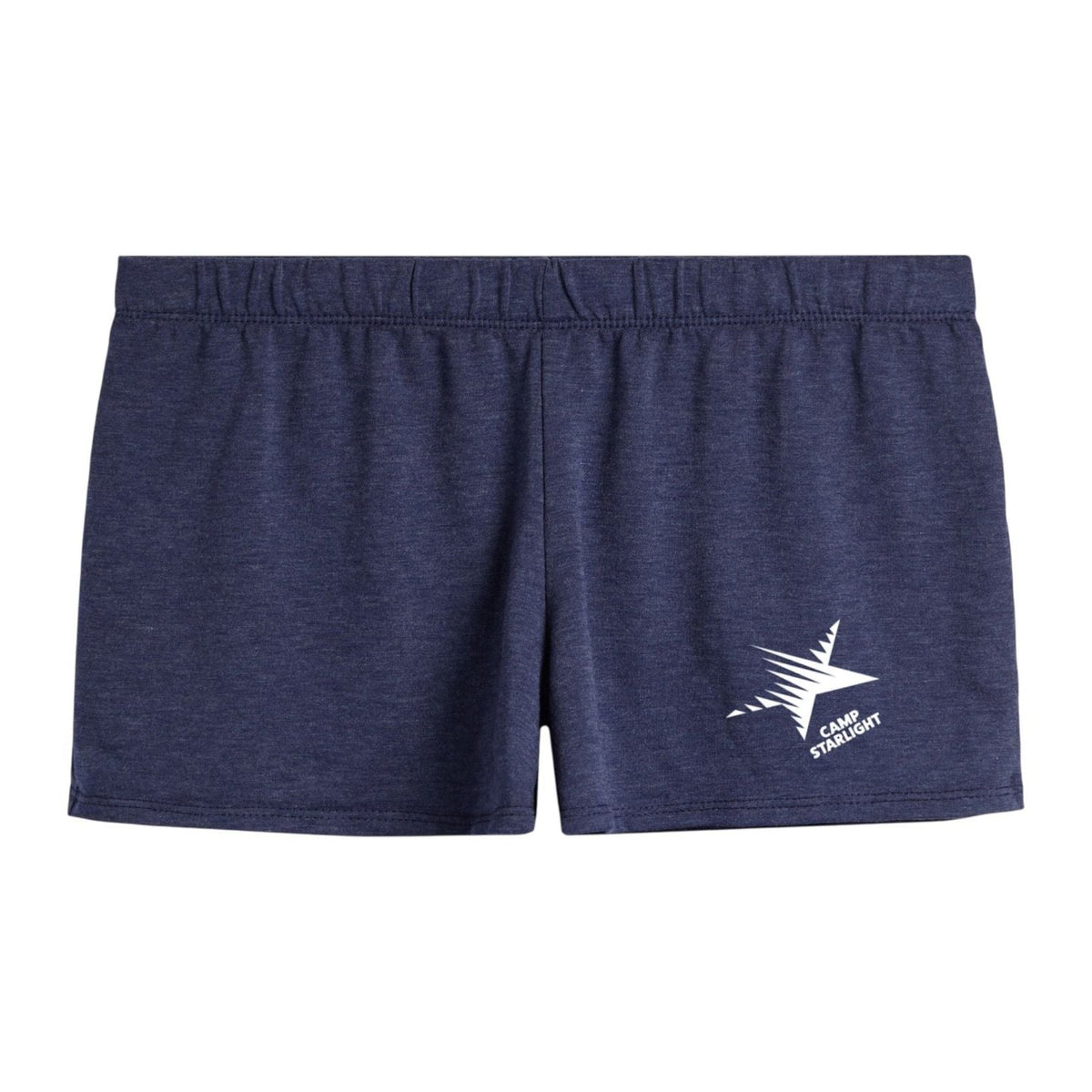 Navy blue athletic shorts with a white Camp Starlight star logo on the lower right leg