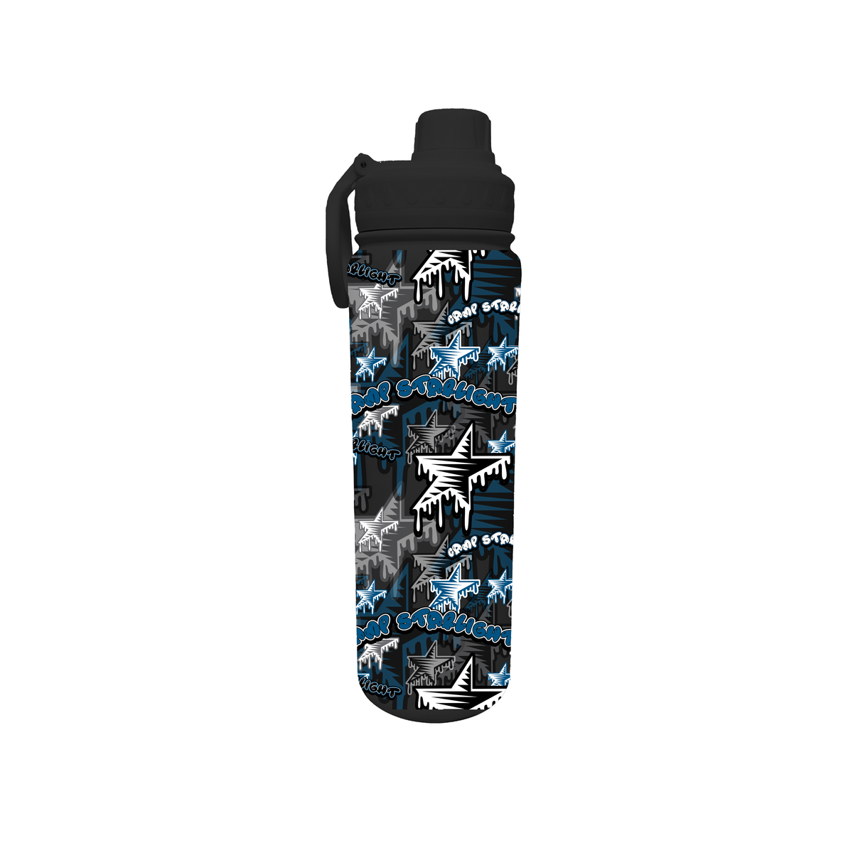 Black water bottle with blue and white star and text pattern