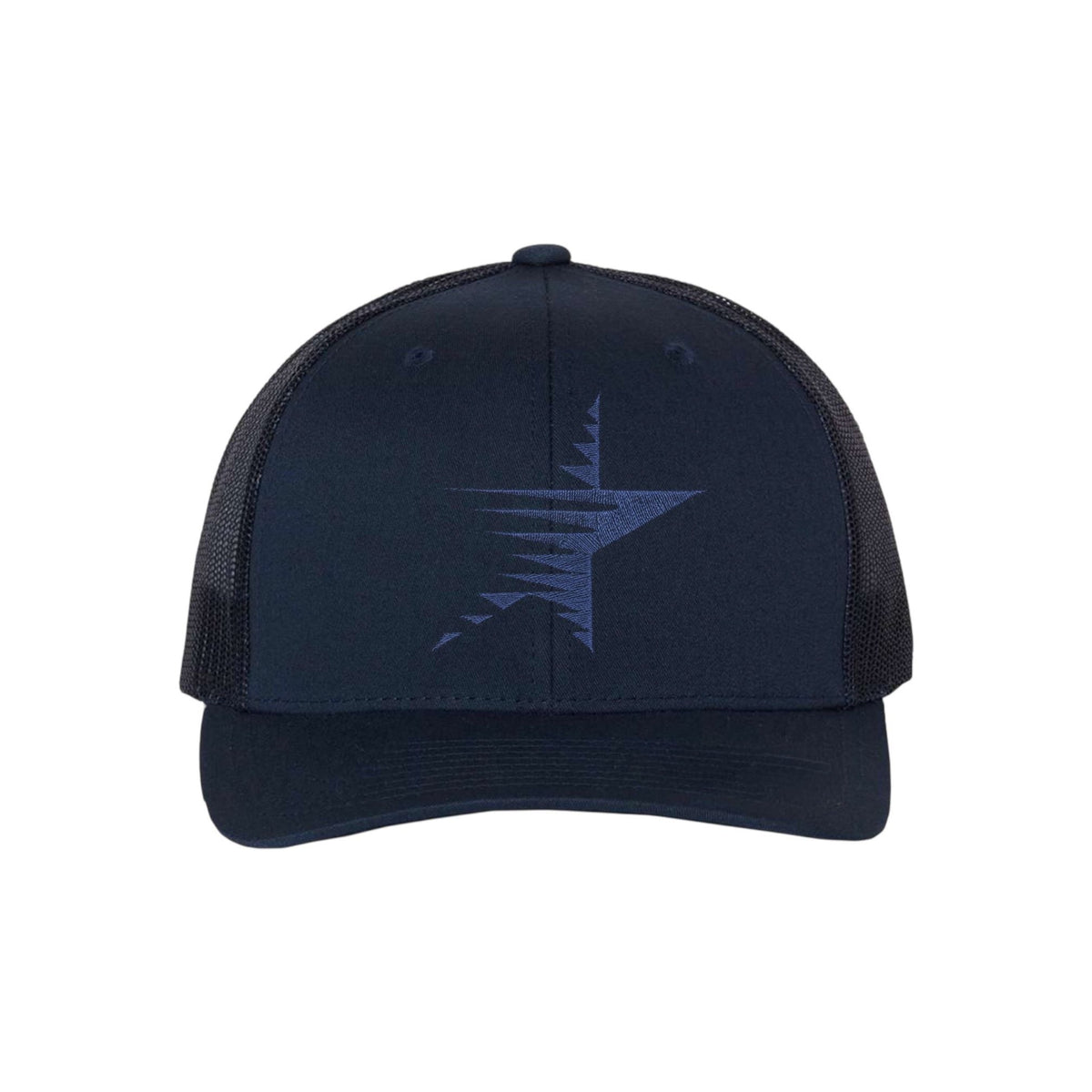 Navy blue trucker hat with a stylized star logo on the front