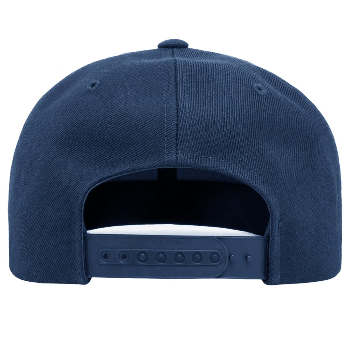Back view of a navy blue snapback cap