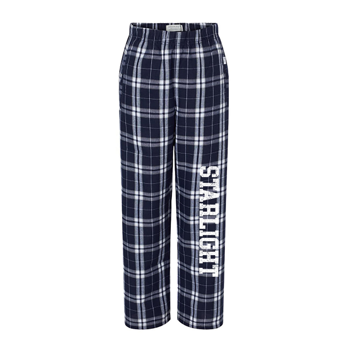 Navy and white plaid flannel pajama pants with Starlight text printed on the left leg