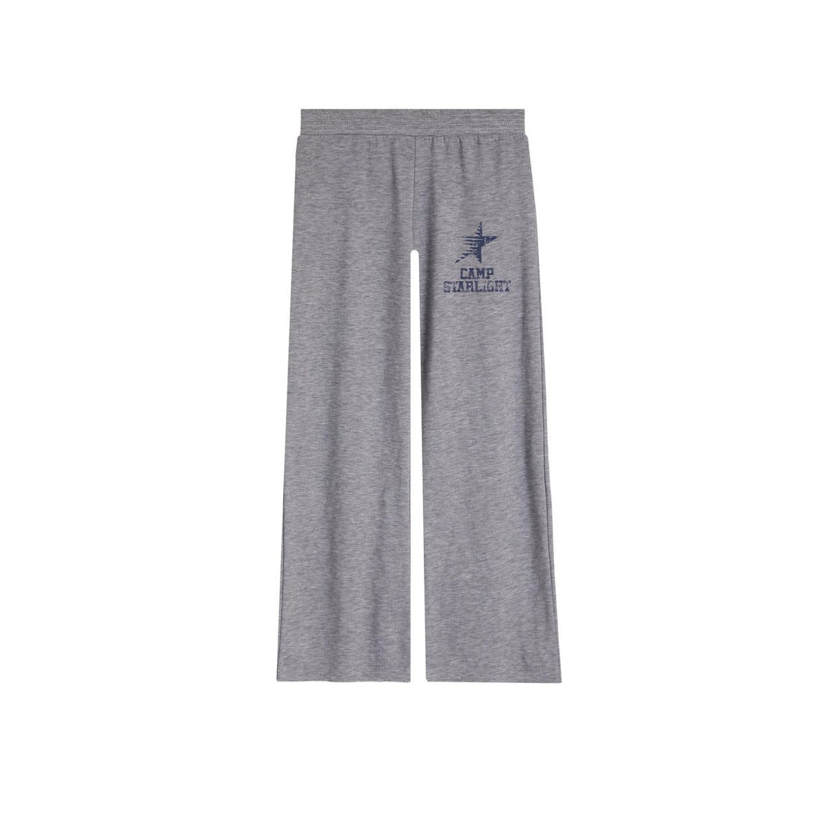 Grey sweatpants with elastic waistband and Camp Starlight star logo on the upper left leg