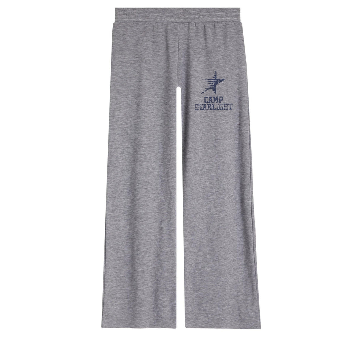 Grey sweatpants with elastic waistband and Camp Starlight star logo on the upper left leg
