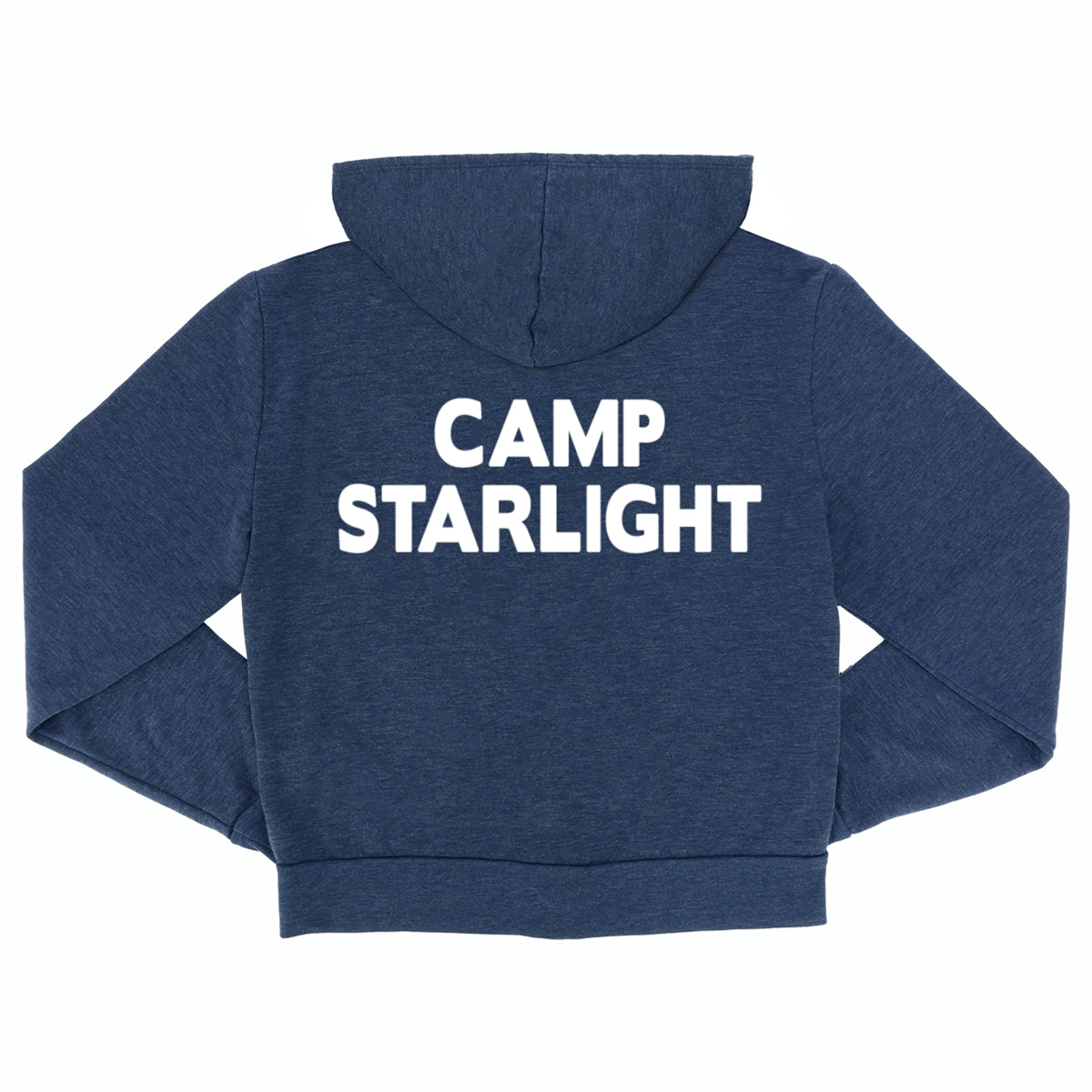 Back view of a navy blue zip up hoodie with Camp Starlight printed in white text