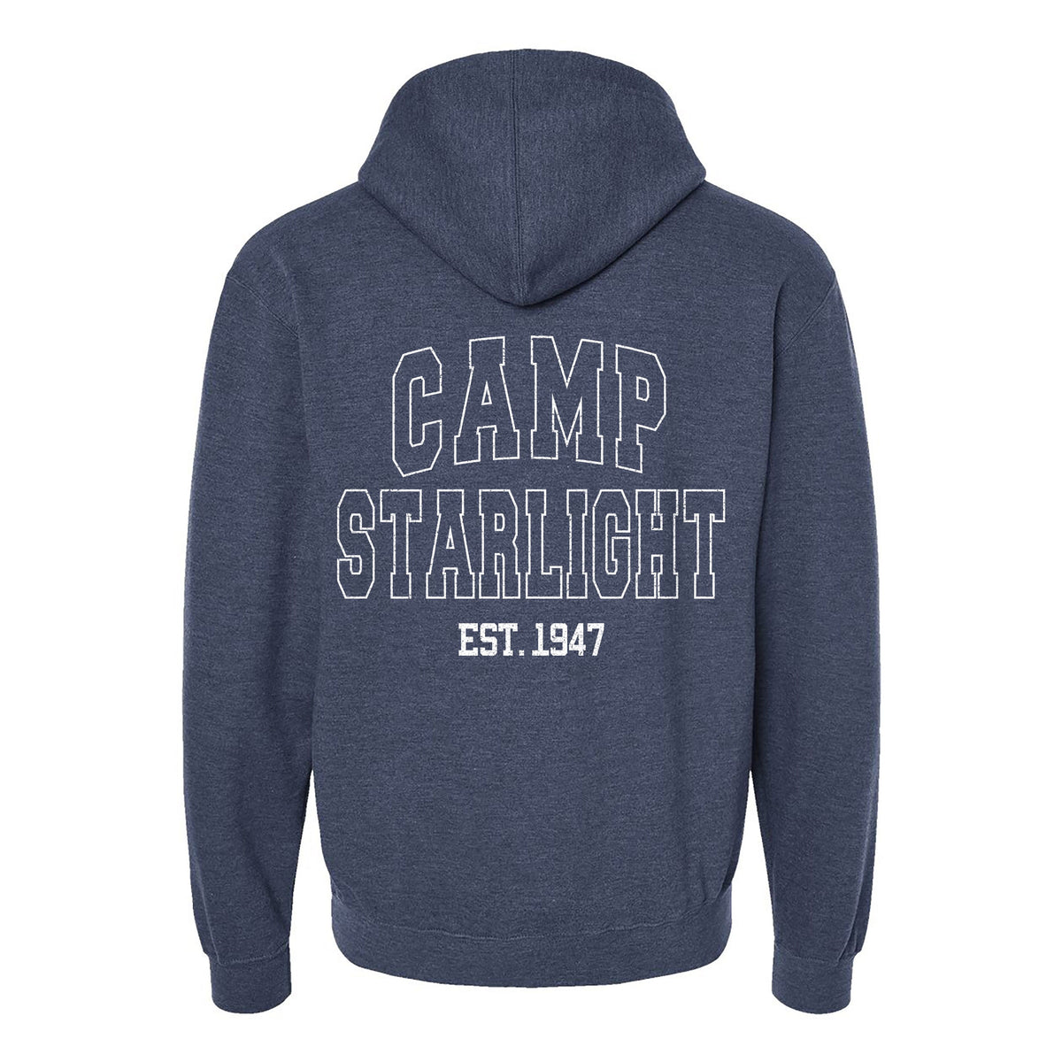 Navy blue hooded sweatshirt with white Camp Starlight Est 1947 text on back
