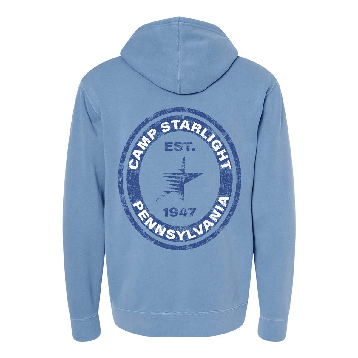 Light blue hooded sweatshirt with Camp Starlight Pennsylvania 1947 circular logo on back