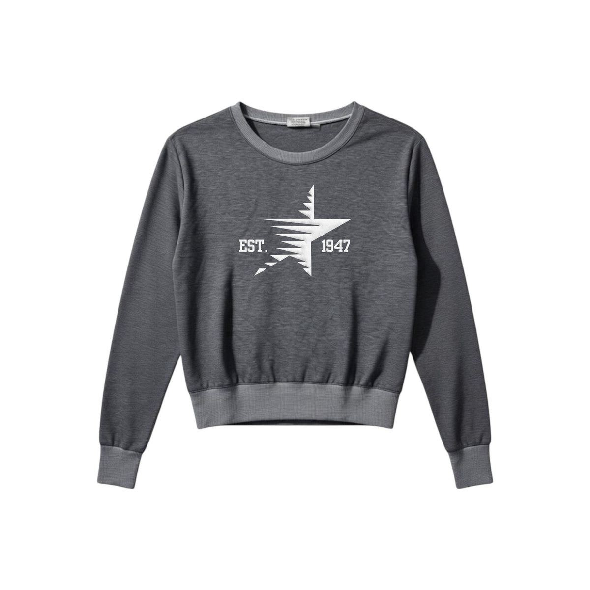 Dark grey crewneck sweatshirt with white star graphic and text EST 1947