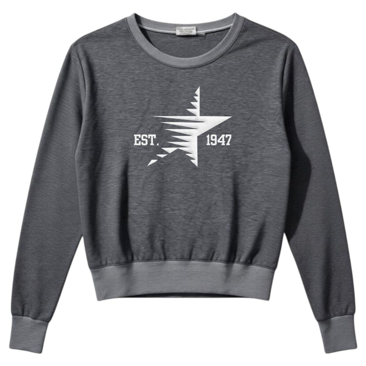 Dark grey crewneck sweatshirt with white star graphic and text EST 1947