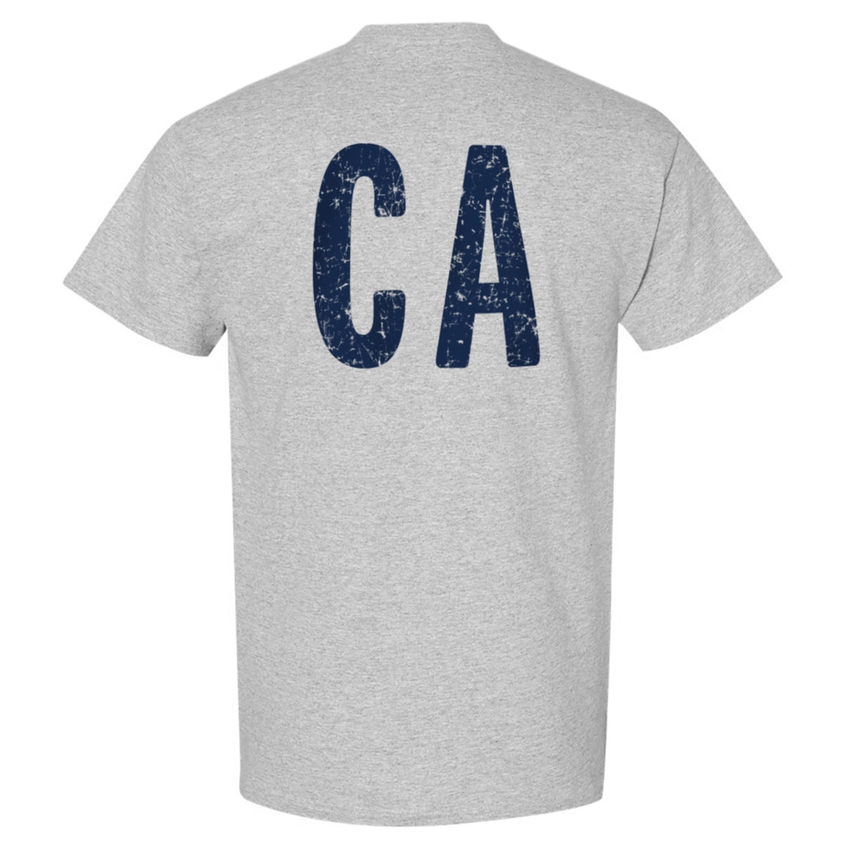 Grey t-shirt with distressed navy blue CA lettering on the back