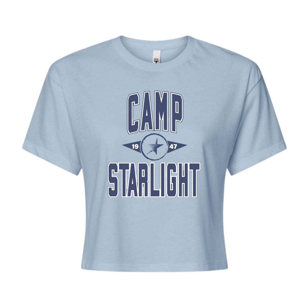 Light blue cropped t-shirt with Camp Starlight 1947 graphic