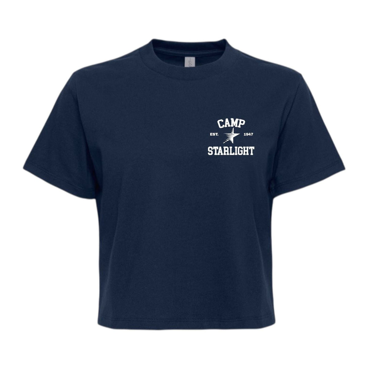 Navy blue cropped t-shirt with white Camp Starlight logo on the chest