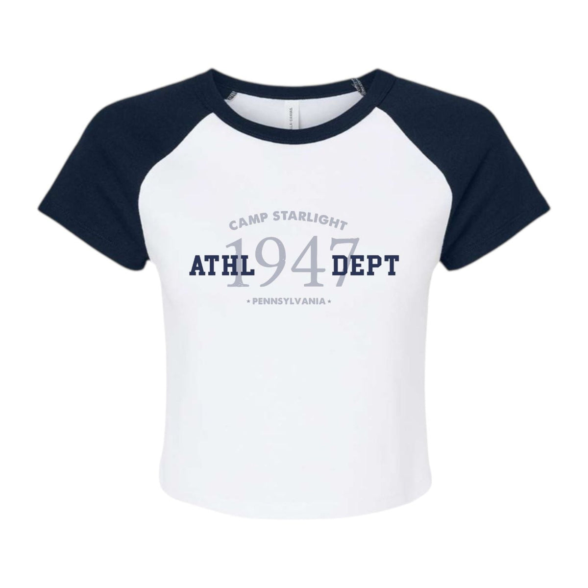 White and navy blue raglan crop top with Camp Starlight 1947 Pennsylvania graphic