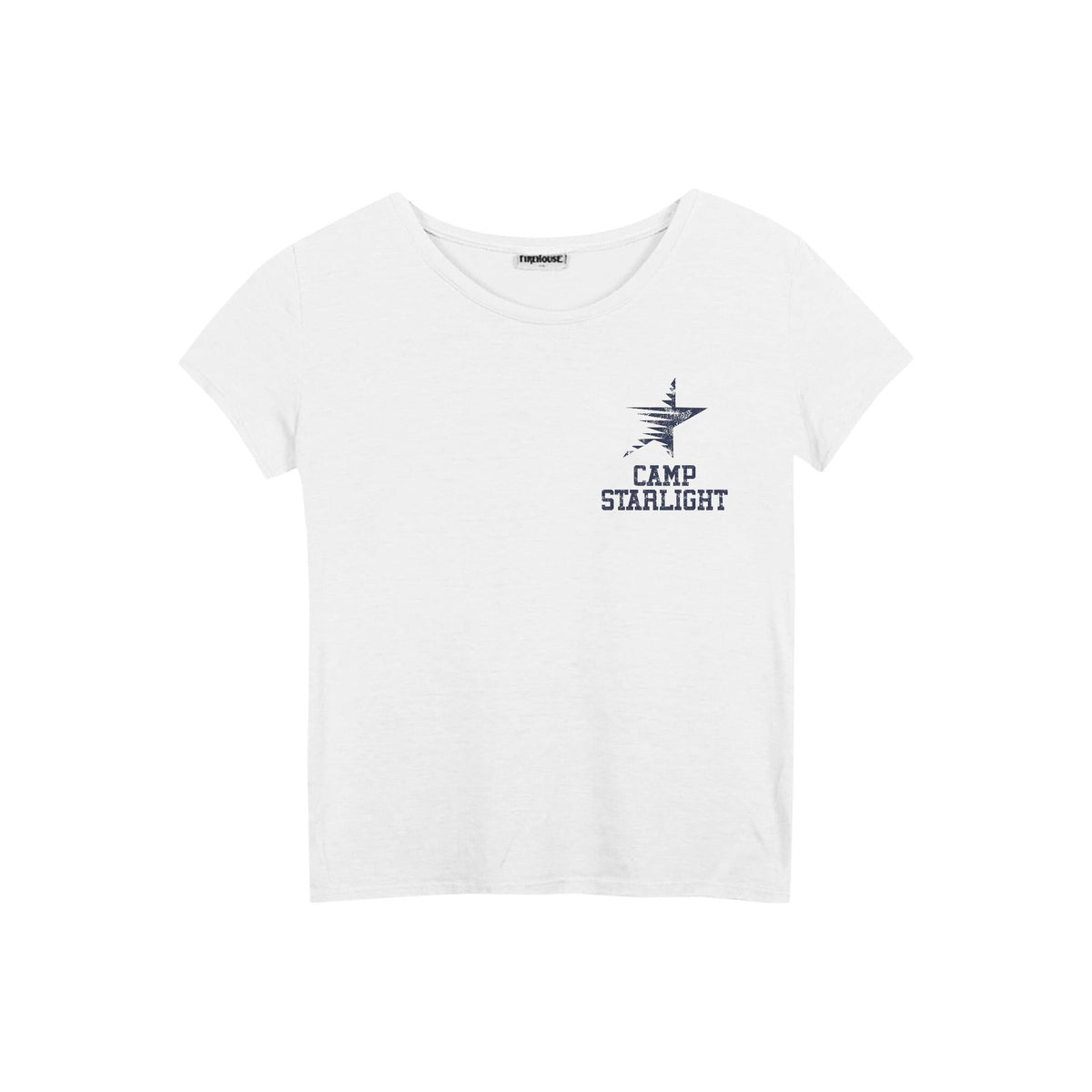 White short sleeve t-shirt with a blue star graphic and Camp Starlight text on the chest