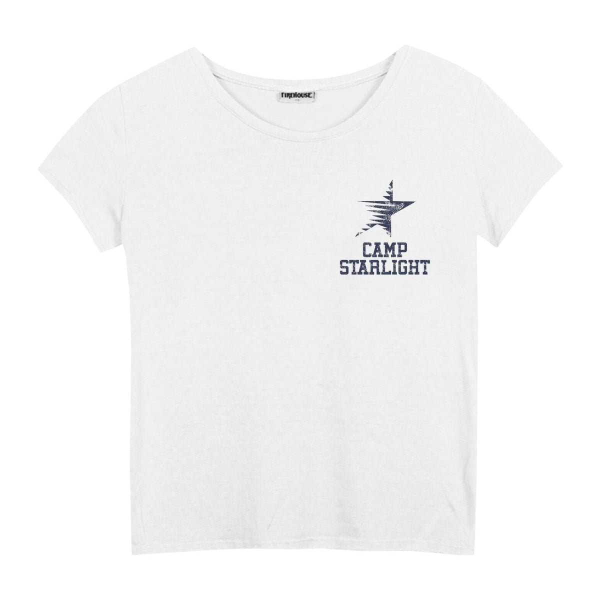 White short sleeve t-shirt with a blue star graphic and Camp Starlight text on the chest