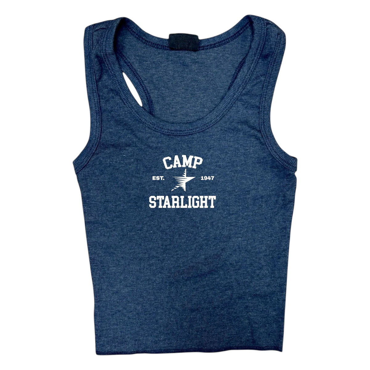 Blue ribbed racerback tank top with white Camp Starlight logo and star graphic