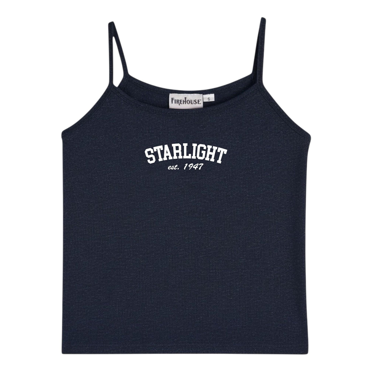 Navy blue ribbed camisole with Starlight est 1947 text graphic