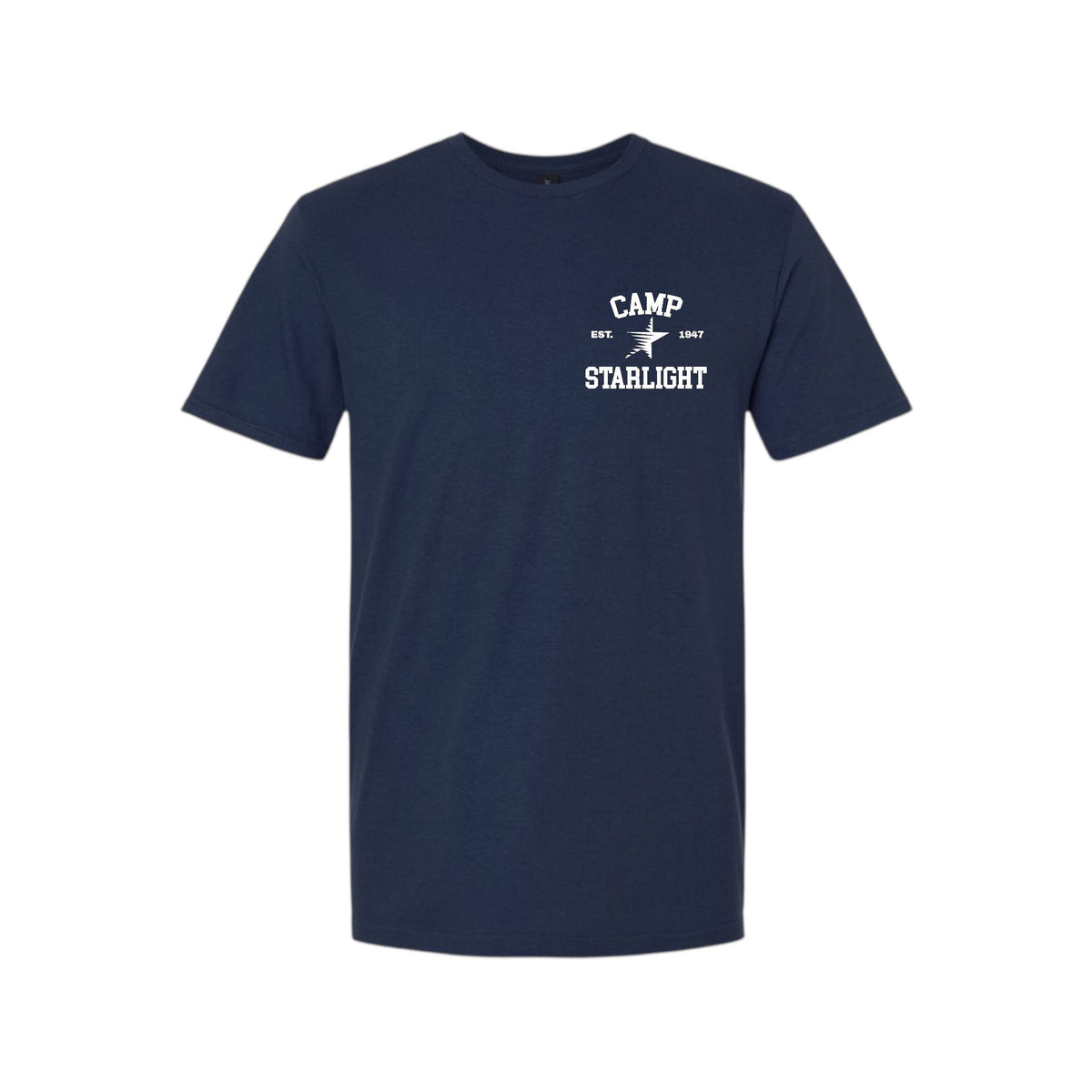 Navy blue short sleeve t-shirt with Camp Starlight logo on the left chest