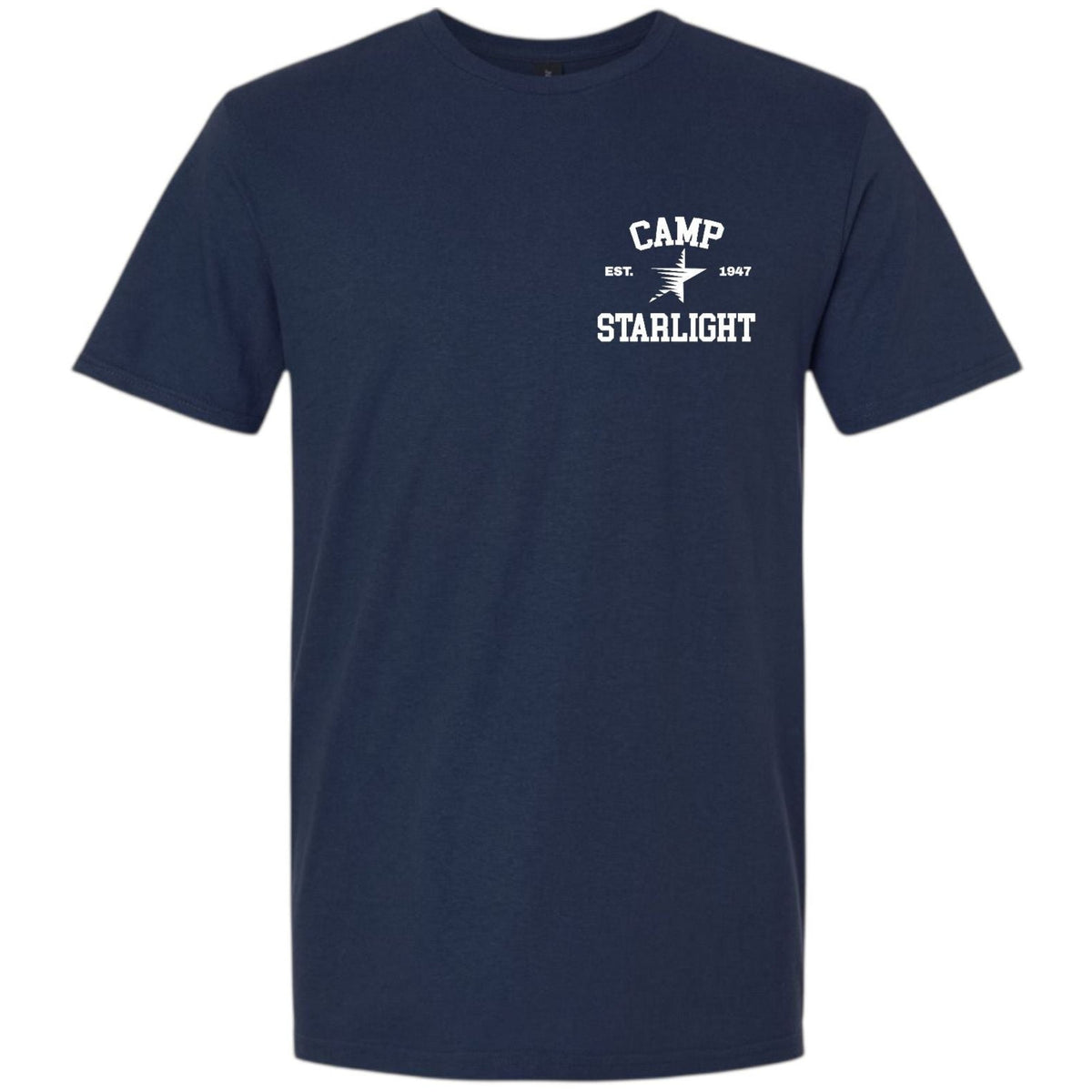 Navy blue short sleeve t-shirt with Camp Starlight logo on the left chest