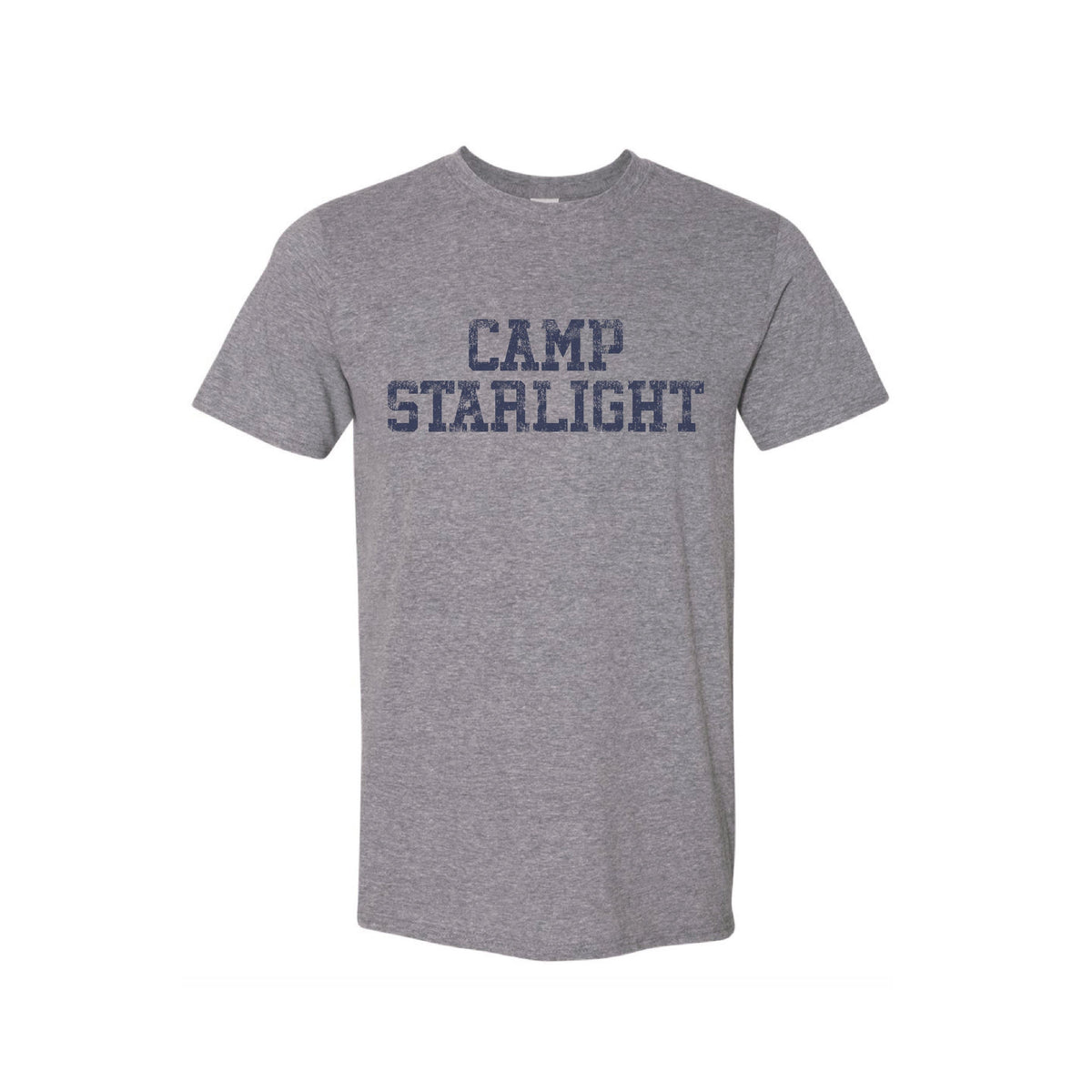 Grey short sleeve t-shirt with Camp Starlight printed in dark blue block letters