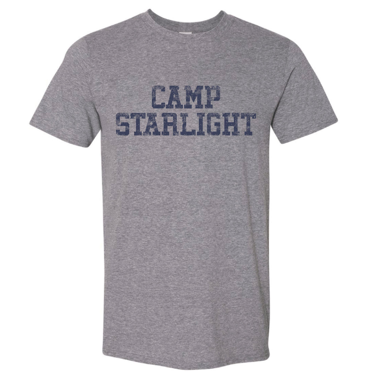 Grey short sleeve t-shirt with Camp Starlight printed in dark blue block letters