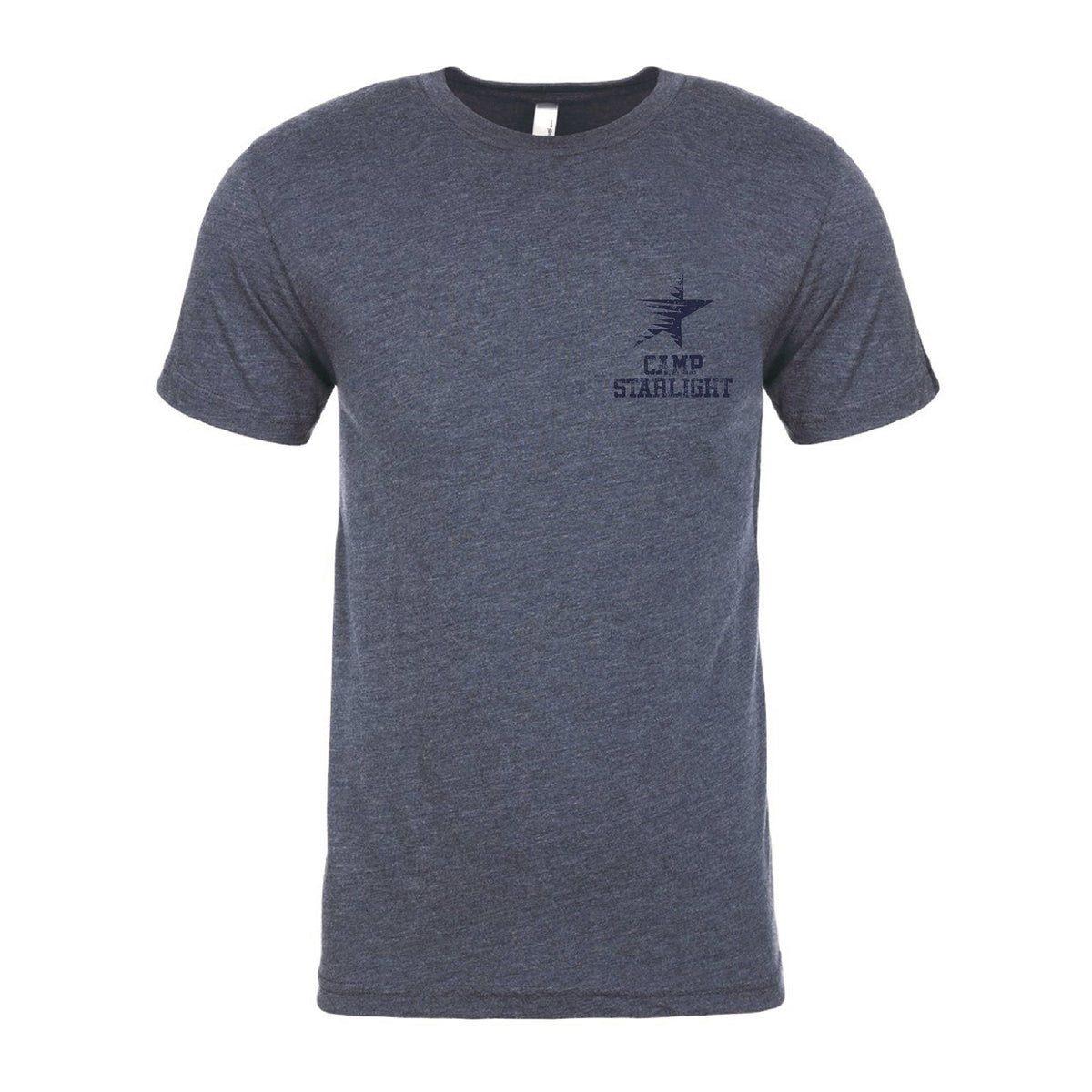 Dark grey heather crew neck t-shirt with Camp Starlight logo on the left chest