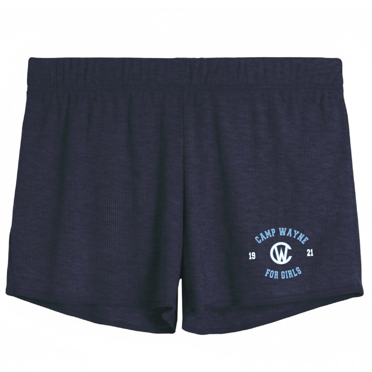 Navy blue athletic shorts with Camp Wayne for Girls logo
