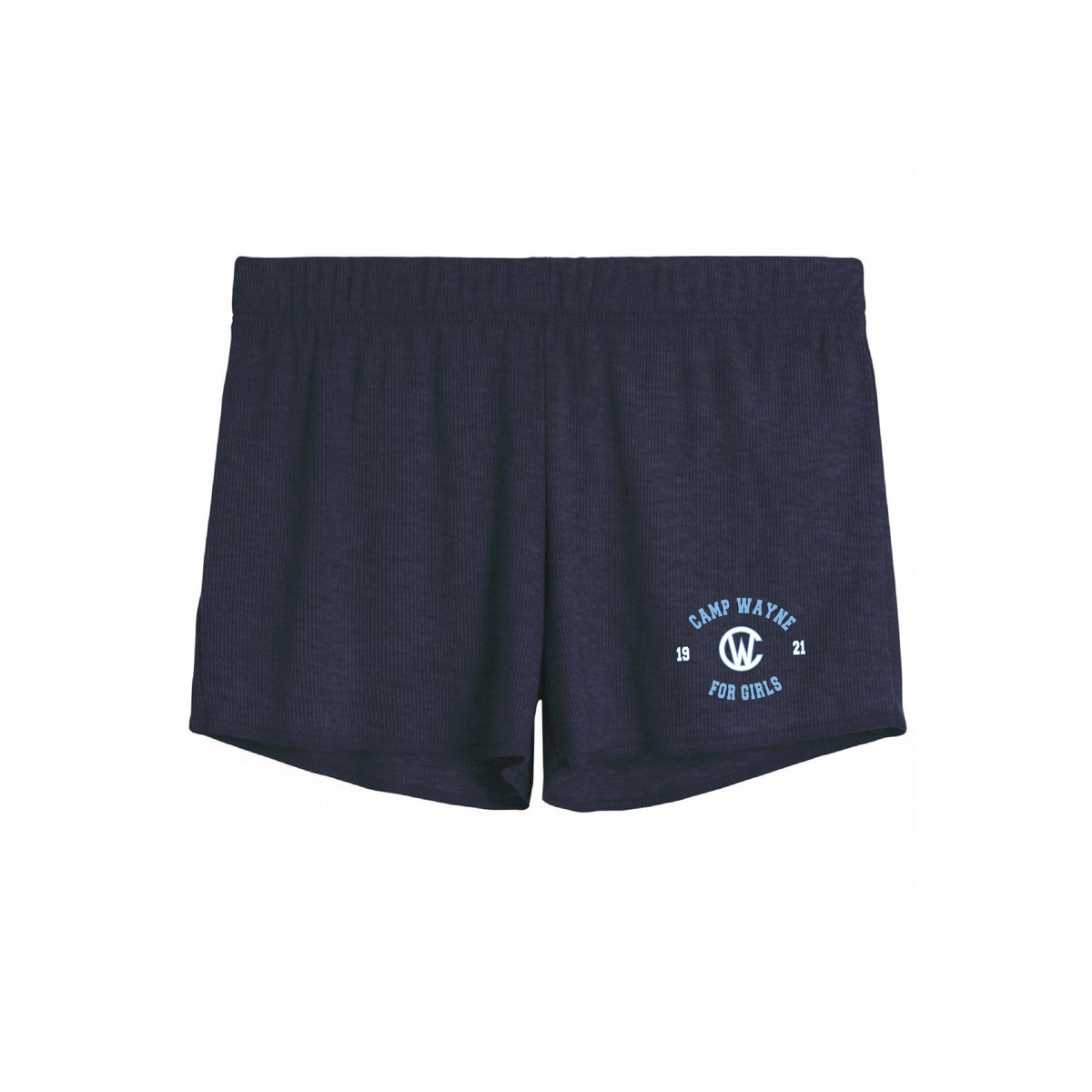 Navy blue athletic shorts with Camp Wayne for Girls logo
