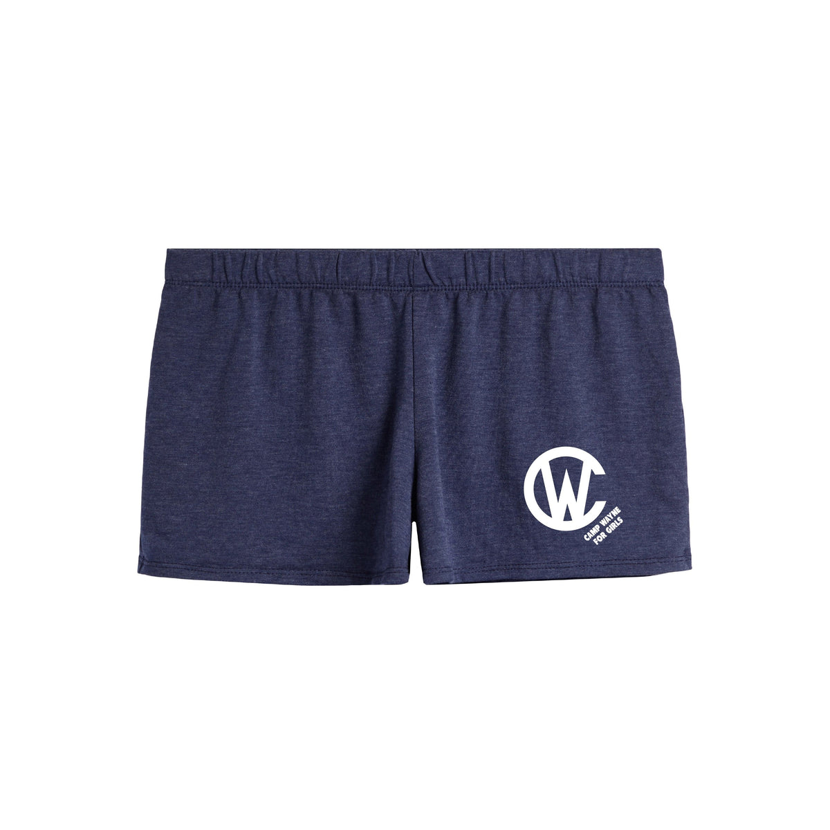 Navy blue athletic shorts with white Camp Wayne for Girls logo on the right leg