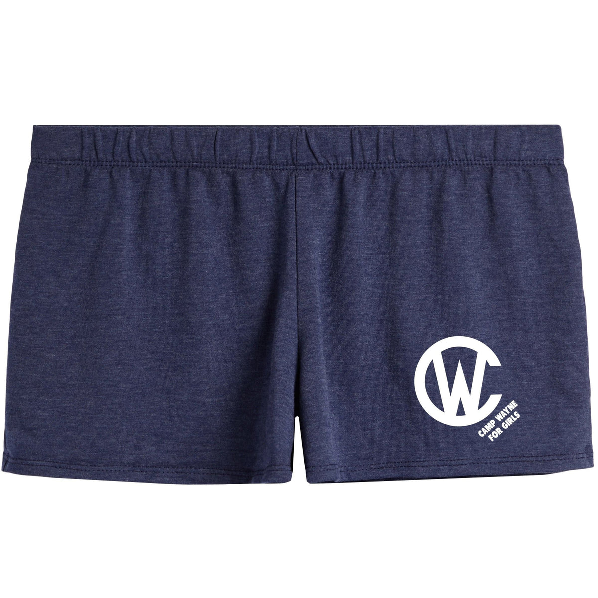 Navy blue athletic shorts with white Camp Wayne for Girls logo on the right leg