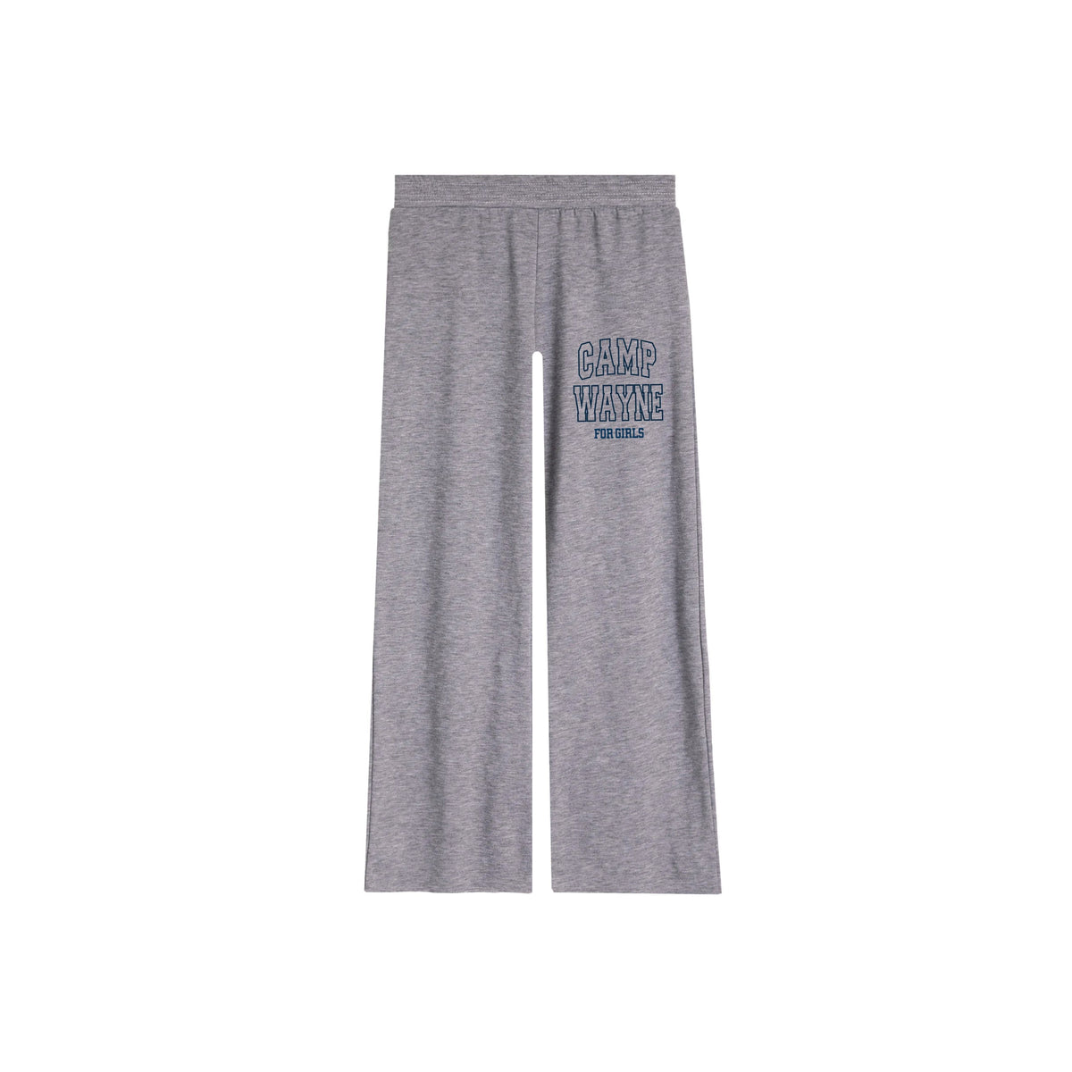 Grey lounge pants with Camp Wayne for Girls text graphic