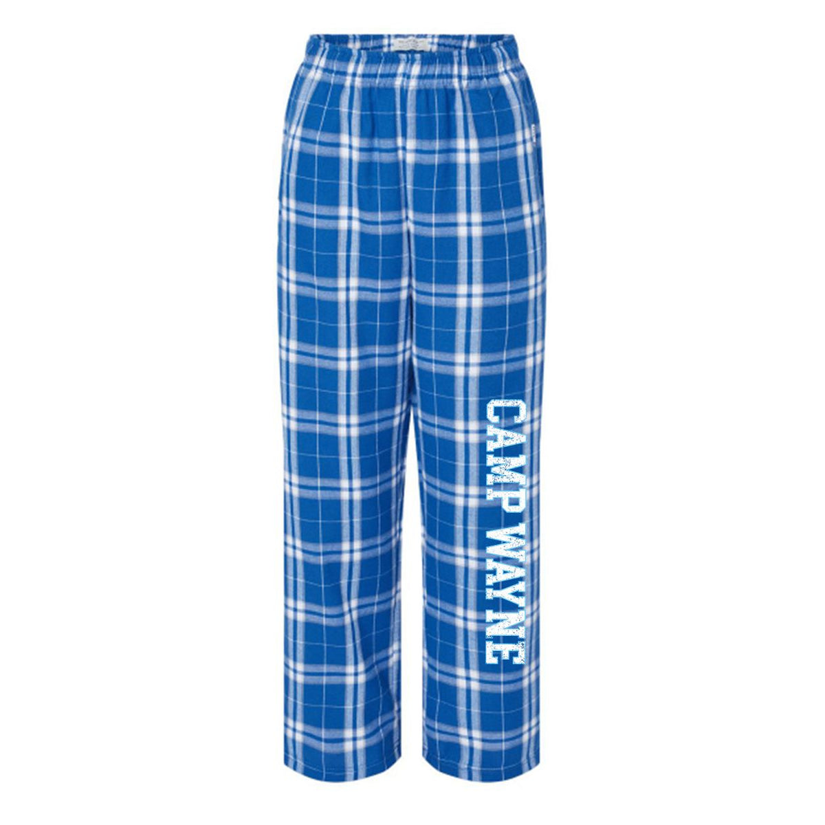 Blue and white plaid flannel pajama pants with Camp Wayne text printed on the left leg