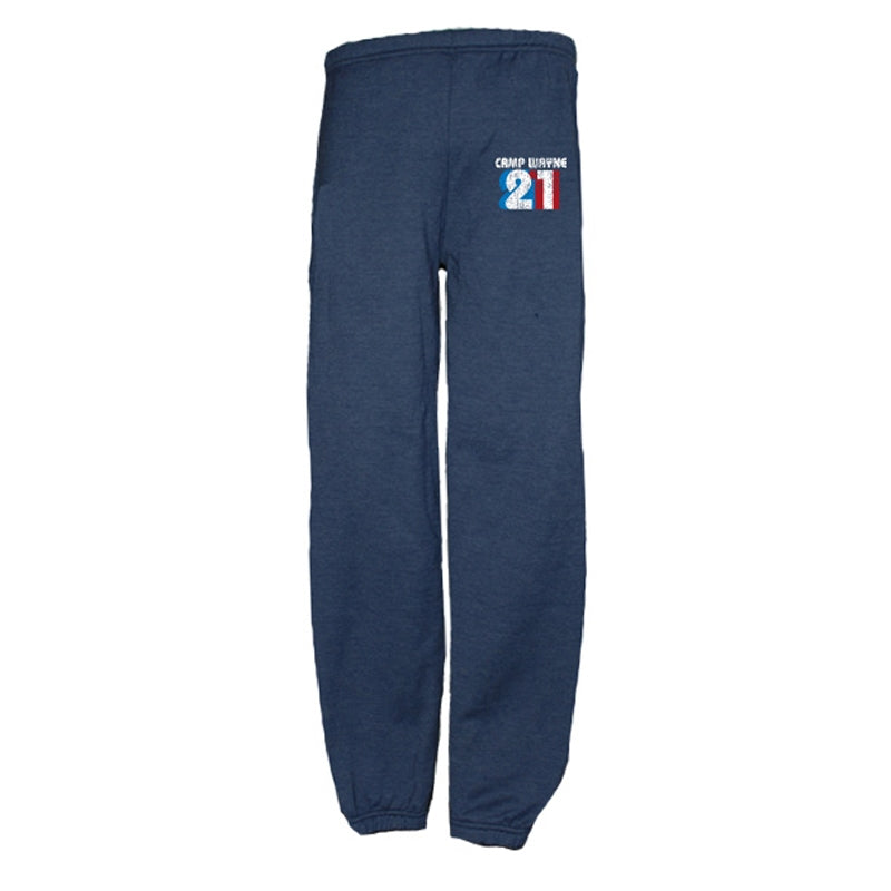 Navy blue sweatpants with Camp Wayne 21 logo on the thigh