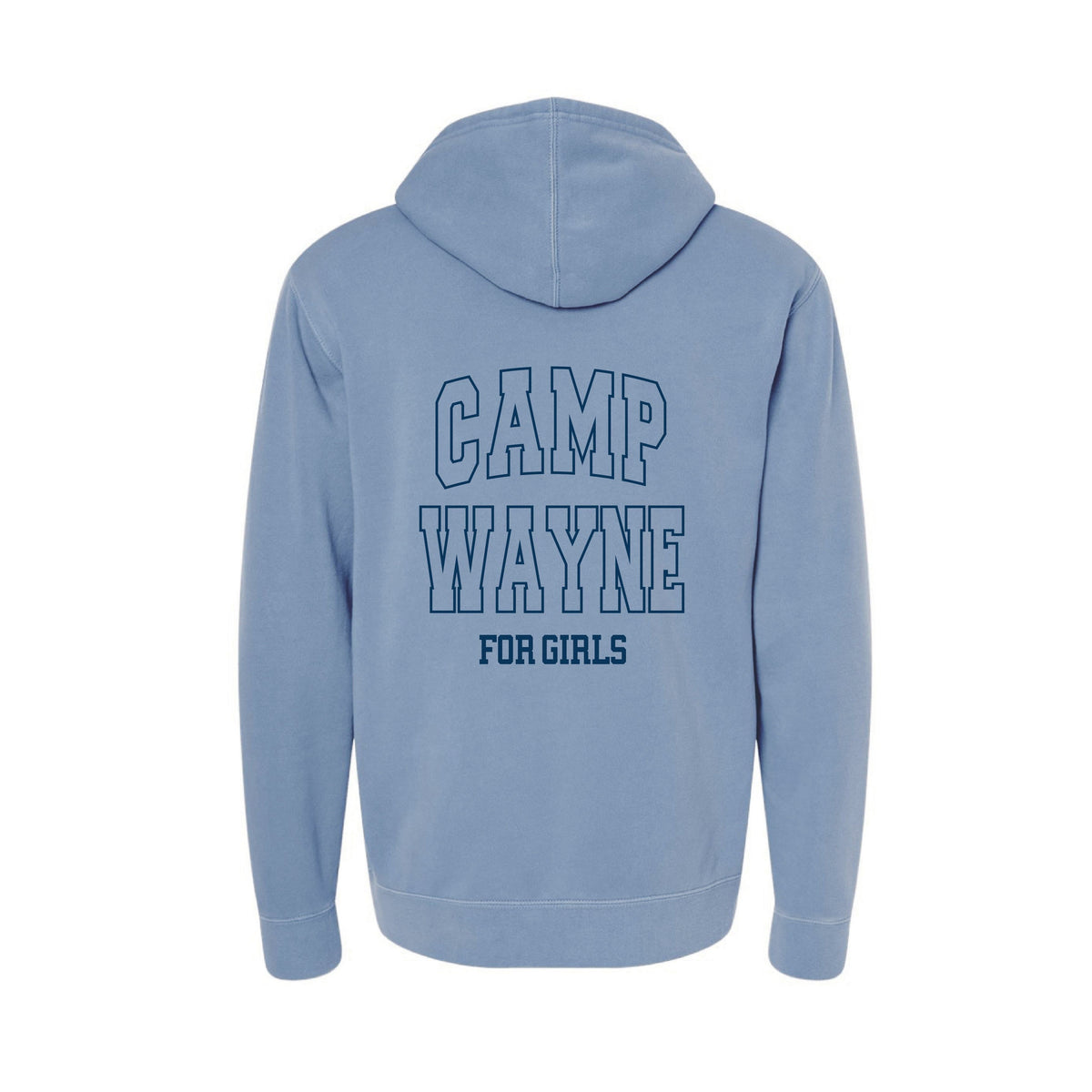 Blue hooded sweatshirt with Camp Wayne For Girls text on the back