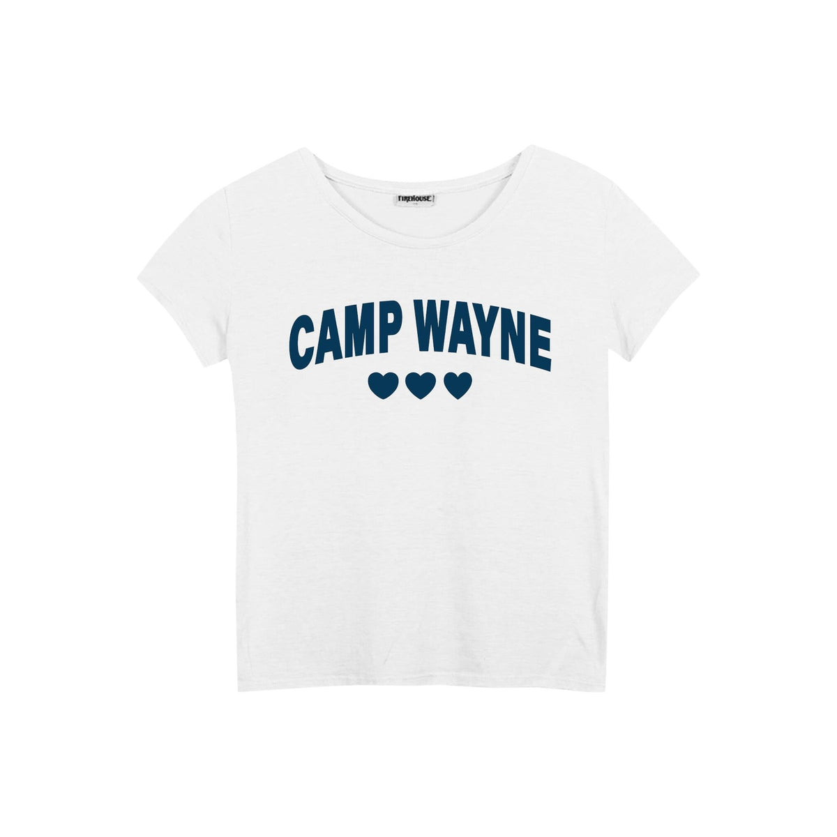 White short sleeve t-shirt with Camp Wayne text and three hearts in dark blue