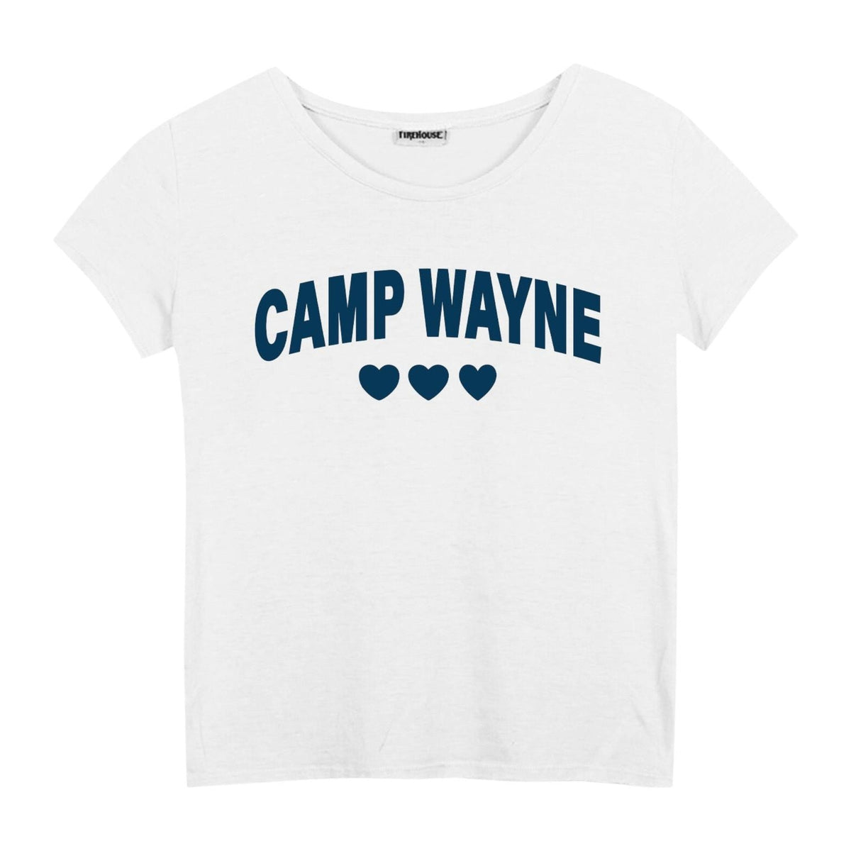 White short sleeve t-shirt with Camp Wayne text and three hearts in dark blue