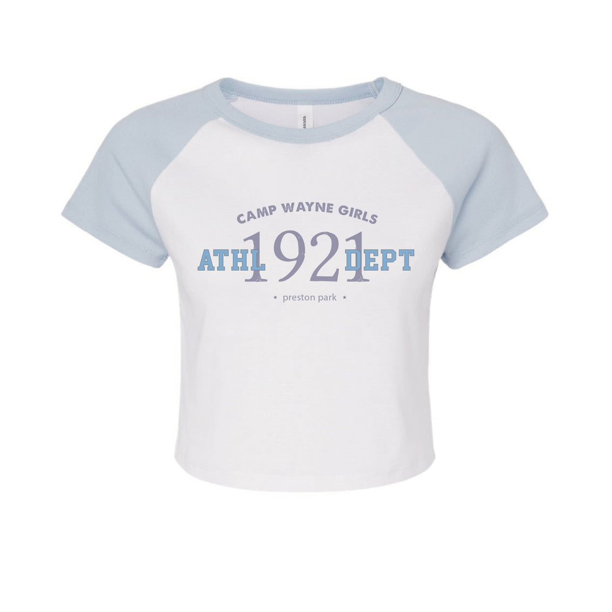 White and light blue raglan crop top with Camp Wayne Girls 1921 athletic department graphic