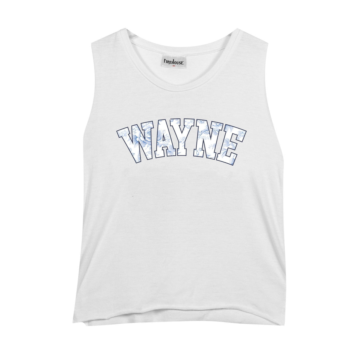 White sleeveless tank top with blue floral pattern lettering reading WAYNE